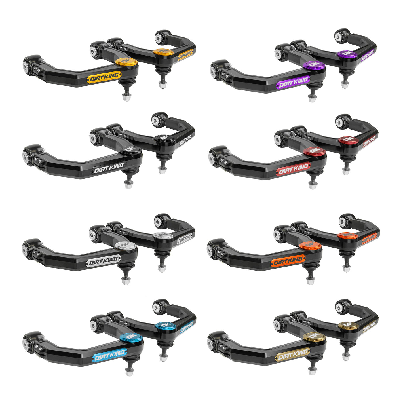 Dirt King Billet Upper Control Arms - Rod End  - Black Anodize - Orange Caps & Badges for 2003-2024 Toyota 4Runner All (DK-812923A-OR)