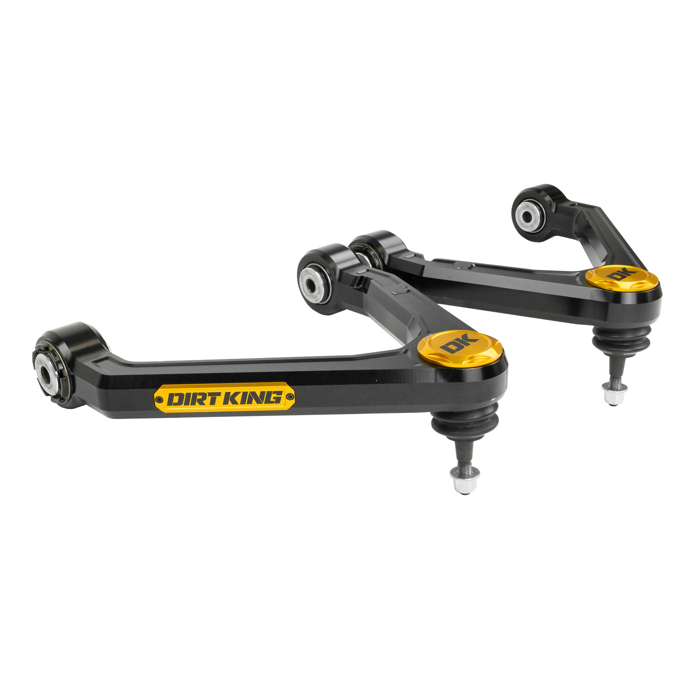 Dirt King Billet Upper Control Arms - SilentSpin Bushings - Black Anodize - Gold Caps & Badges for 2014-2016+ Chevy/GMC 1500 All (DK-635923B-GD) image 1