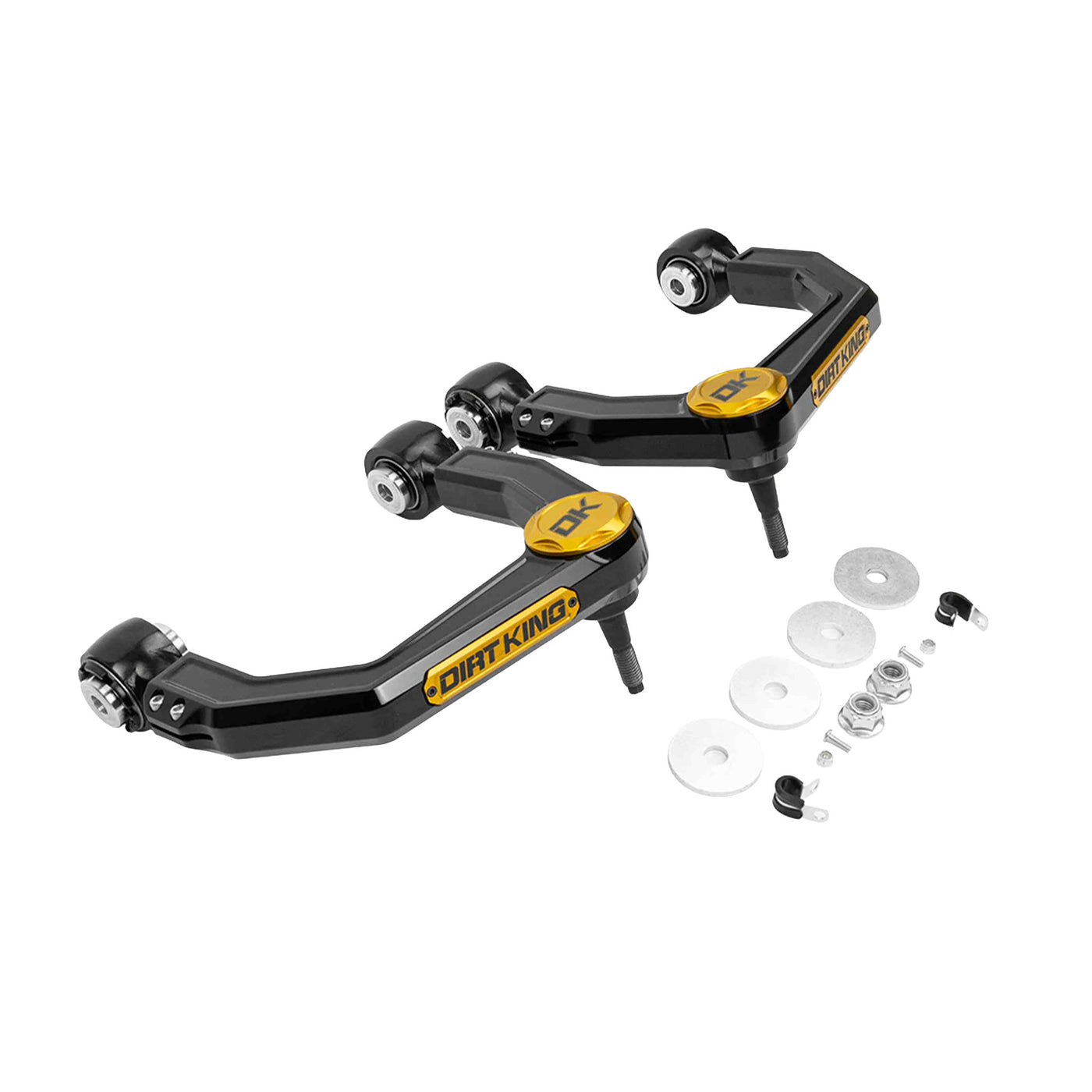 Dirt King Billet Upper Control Arms - Rod End  - Black Anodize - Orange Caps & Badges for 2003-2024 Toyota 4Runner All (DK-812923A-OR)