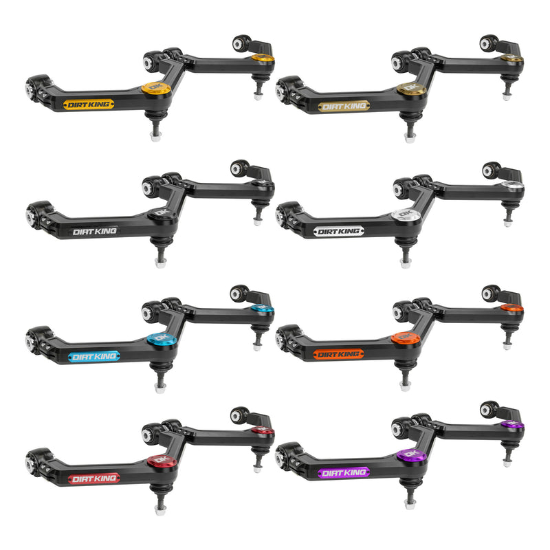 Dirt King Billet Upper Control Arms - SilentSpin Bushings - Clear Anodize - Gold Caps & Badges for 2011-2025 Chevy/GMC 2500/3500 All (DK-638923D-GD) image 2